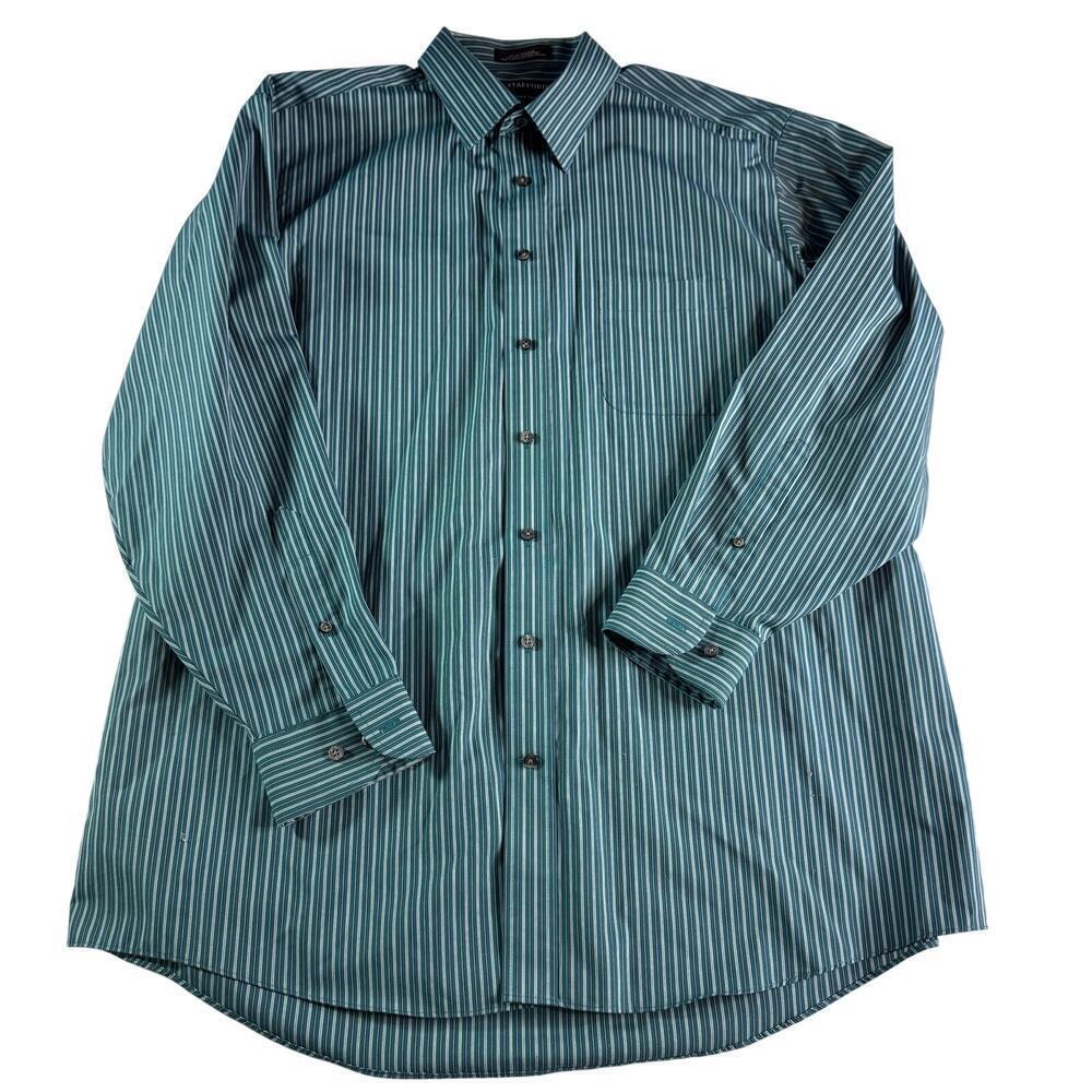Stafford Men's 17-1/2 x 34/35 Dress Shirt Performance Dark Green Stripe Button